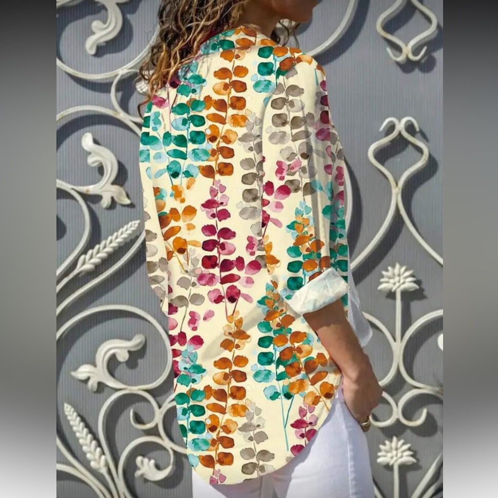 Boho Classic Printed Button-Up Long Sleeve Blouse Top Shirt Office - Picture 6 of 10